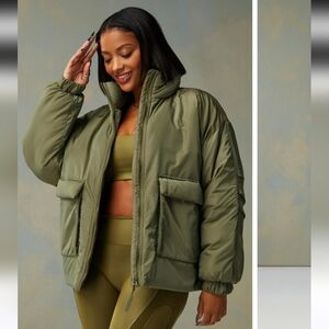 Fabletics x Khloe Kardashian All Weather Jacket in Dark Moss Shine Size X-Large